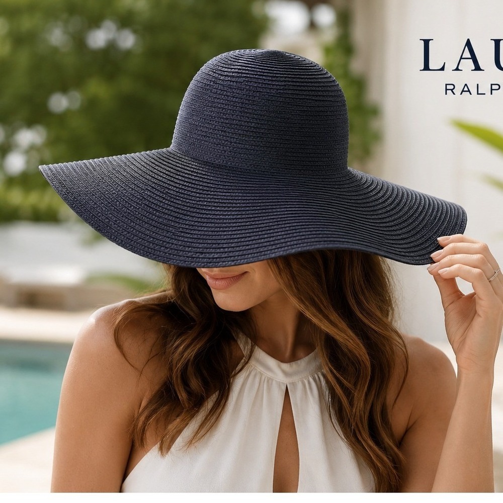 Lauren Ralph Lauren Sun Hat Women M Navy Blue Orange Wide Brim Floppy Coastal